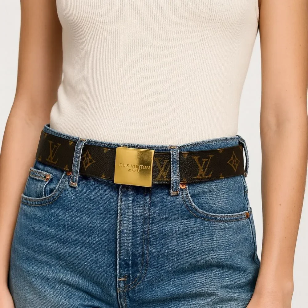 LOUIS VUITTON Gold and Brown LV Monogram Women's Belt